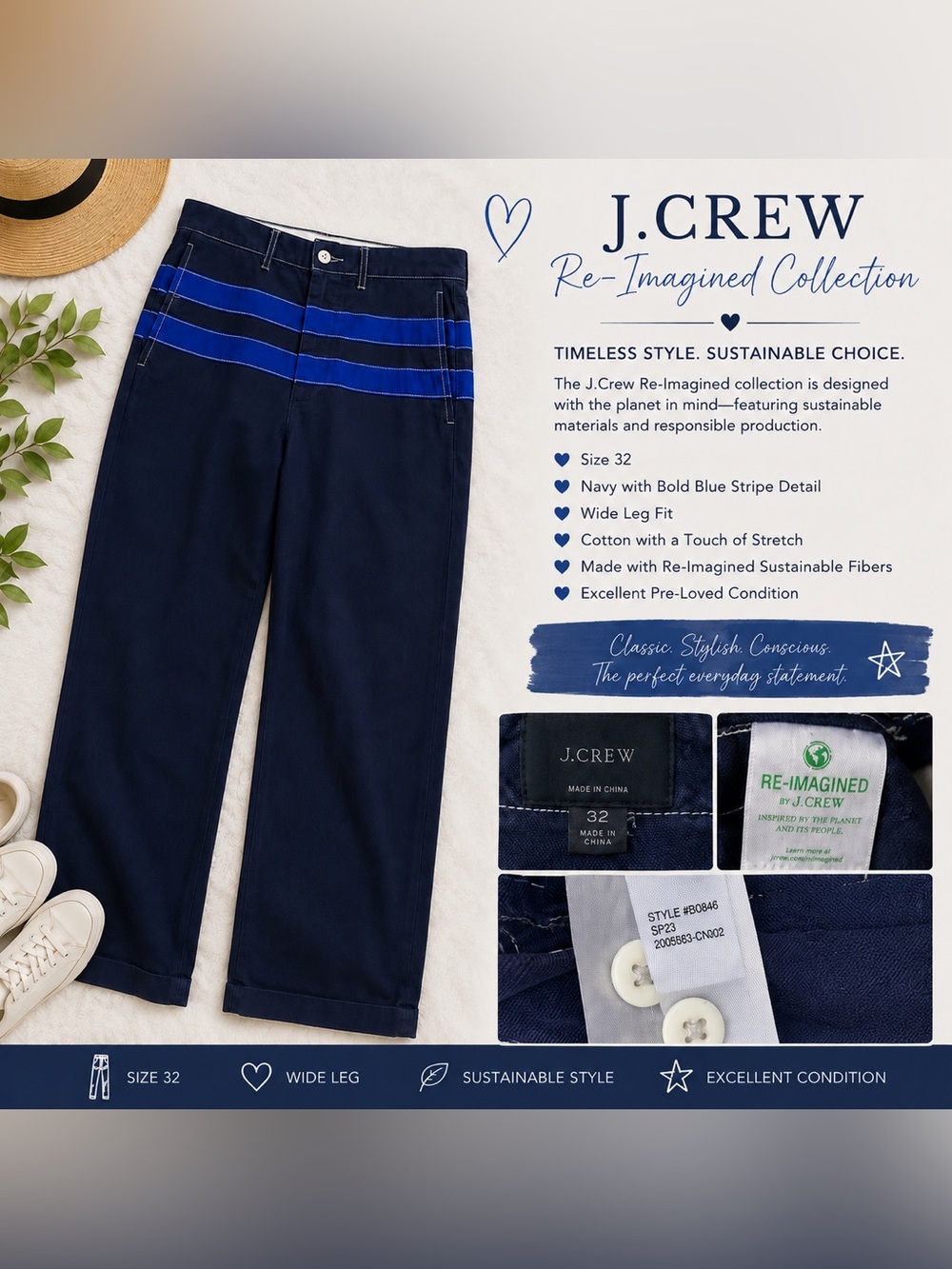 J. Crew Men's Heritage Canvas‎ Sailing Pants Ultramarine Blue Stripe | Size 32